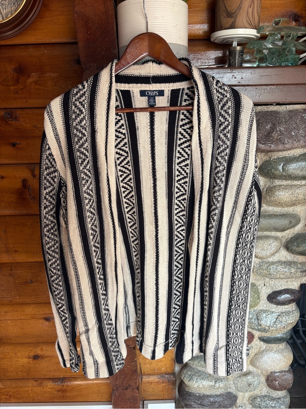 Chaps Denim Black Cream Southwestern Geometric Knit Cardigan L